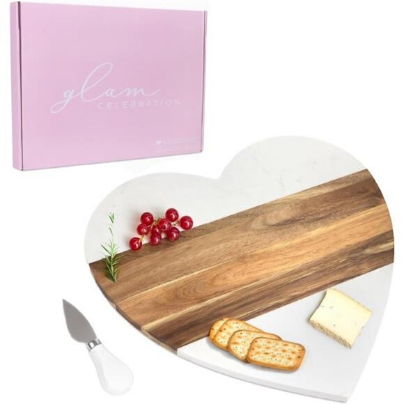 Heart Shaped Charcuterie Board, Acacia Wood And Marble Charcuterie Board